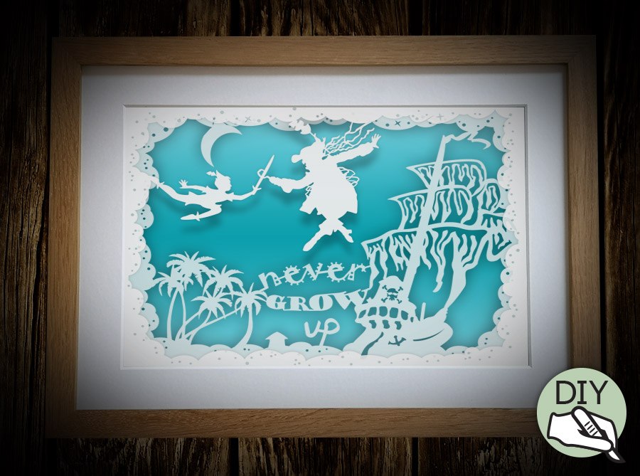 Papercut Peter Pan Shadowbox Template PDF PNG for handcutting & SVG file for Silhouette Cameo or Cricut - digital download