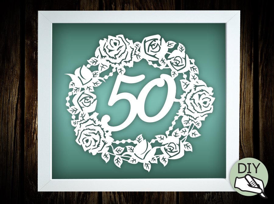 50th Birthday Papercut Template Wreath Commercial License PDF PNG SVG file - digital download