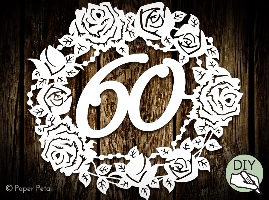 60th Birthday Papercut Template Flowers Commercial License PDF PNG SVG file - digital download