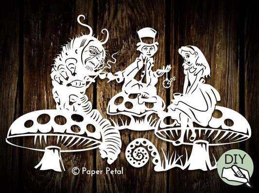 Papercut Template 'Alice in Wonderland Tea Party' PDF PNG file for Silhouette Cameo or Cricut - digital download