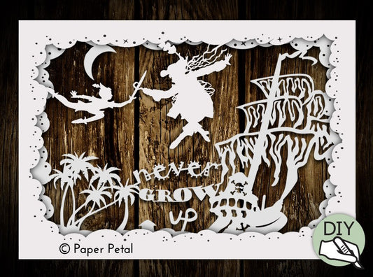 Papercut Peter Pan Shadowbox Template PDF PNG for handcutting & SVG file for Silhouette Cameo or Cricut - digital download